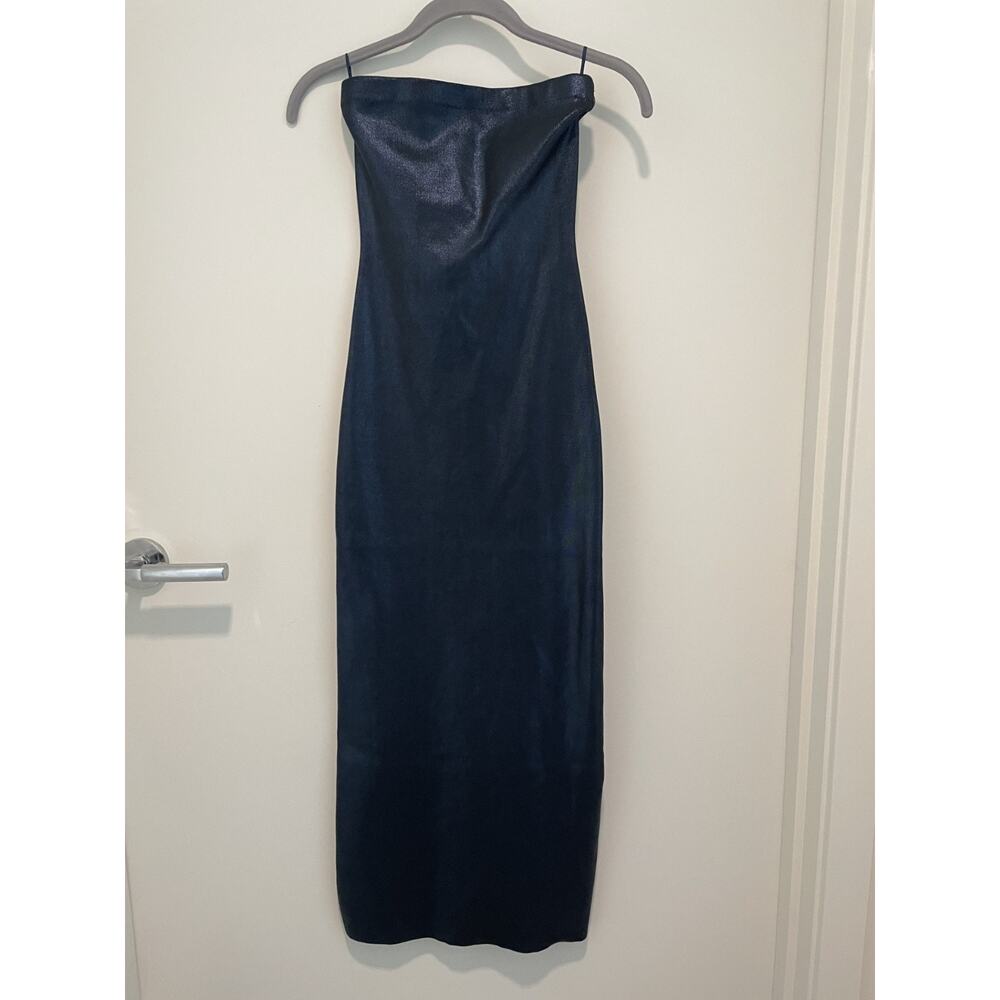 Zara Strapless Bodycon Midi Dress Womens Small Dark Blue Metallic Stretch Party